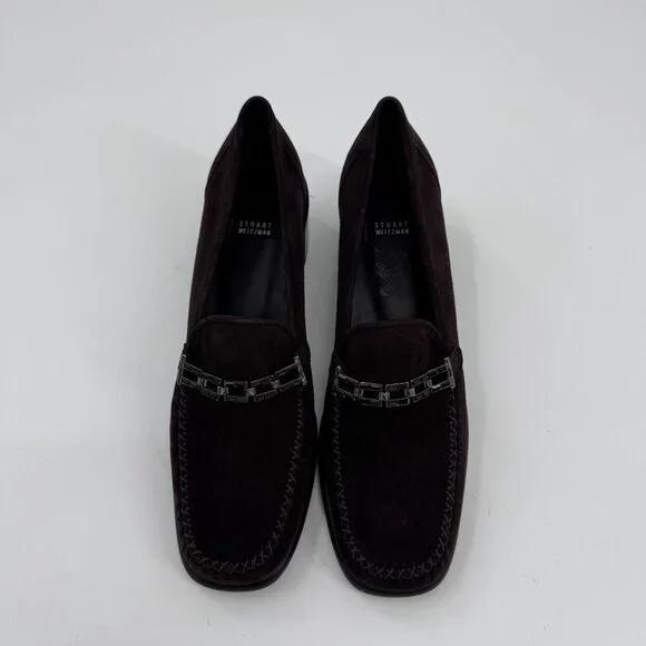 Stuart Weitzman Narrow Dark Brown Suede Loafers 7.5 AA With Chain Detail - Picture 2 of 9